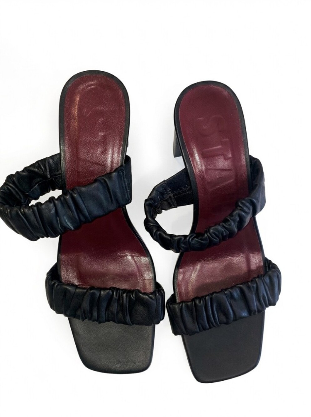 STAUD Frankie Black Ruched Leather High Block Heel Mules | Size 7 - Picture 2 of 8